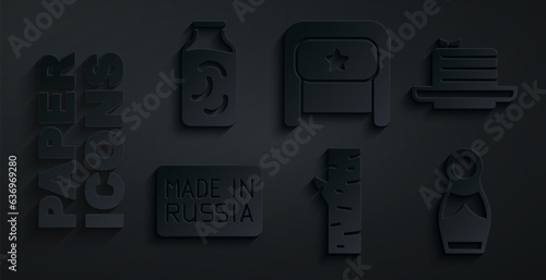 Set Birch tree, Medovik, Made in Russia, Russian doll matryoshka, Ushanka and Pickled cucumbers jar icon. Vector