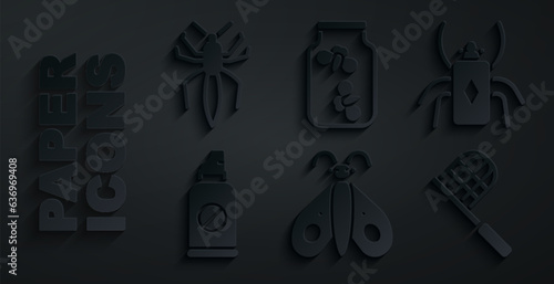 Set Butterfly, Beetle bug, Spray against insects, net, Fireflies bugs jar and Spider icon. Vector