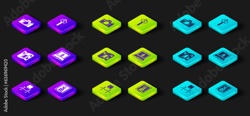 Set Picture and rope barrier, Portrait in museum, Museum guide brochure, Online, Stone age hammer and Photo camera icon. Vector