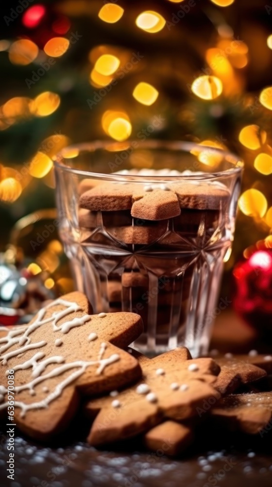 Glass of chocolate and gingerbread cookies with Christmas lights in the background