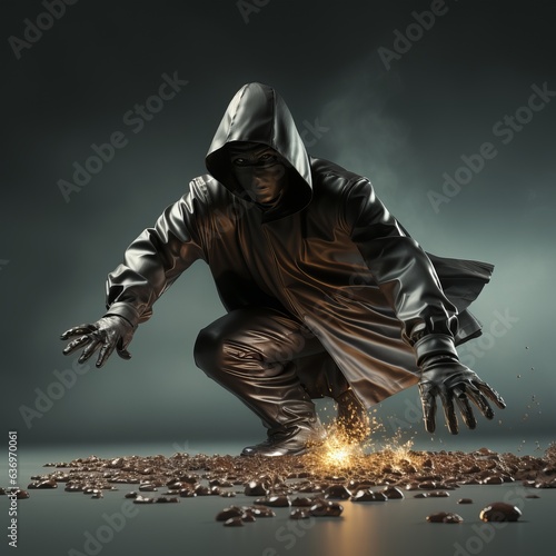 3D illustration of a thief stealing prey, a villain in motion with stolen goods. Concept: burglary lures, stealing money and valuables. photo