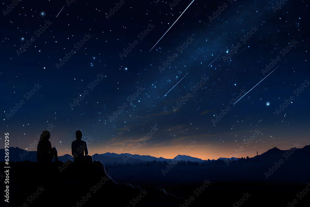 Silhouettes of people gazing at the meteor shower
