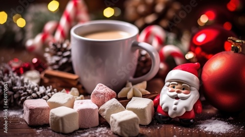 Cup of coffee with marshmallows and Christmas decoration on wooden background