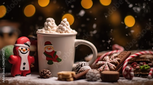 Cup of hot chocolate with marshmallows and snowman on bokeh background. Christmas Greeting Card. Christmas Postcard.