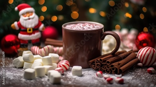 Hot chocolate with marshmallows and christmas decoration on wooden background. Christmas Greeting Card. Christmas Postcard.