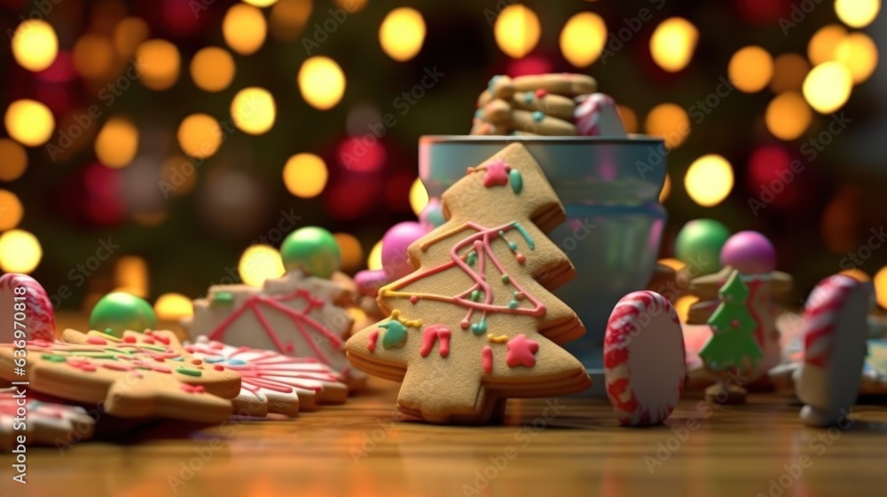 Christmas cookies on a wooden table in front of a glowing Christmas tree. Christmas Greeting Card. Christmas Postcard.