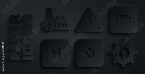 Set Lamp in electronic circuit, Inductor, Diode, Gear and lightning, High voltage and Nuclear power plant icon. Vector