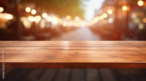 Background Image of wooden table in front of abstract blurred restaurant lights © Sasint