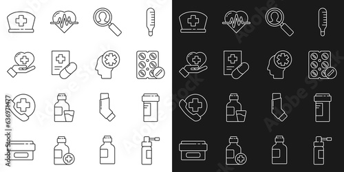 Set line Bottle with nozzle spray, Medicine bottle, Pills blister pack, Medical analysis, prescription, Heart cross, Nurse hat and Male head hospital icon. Vector