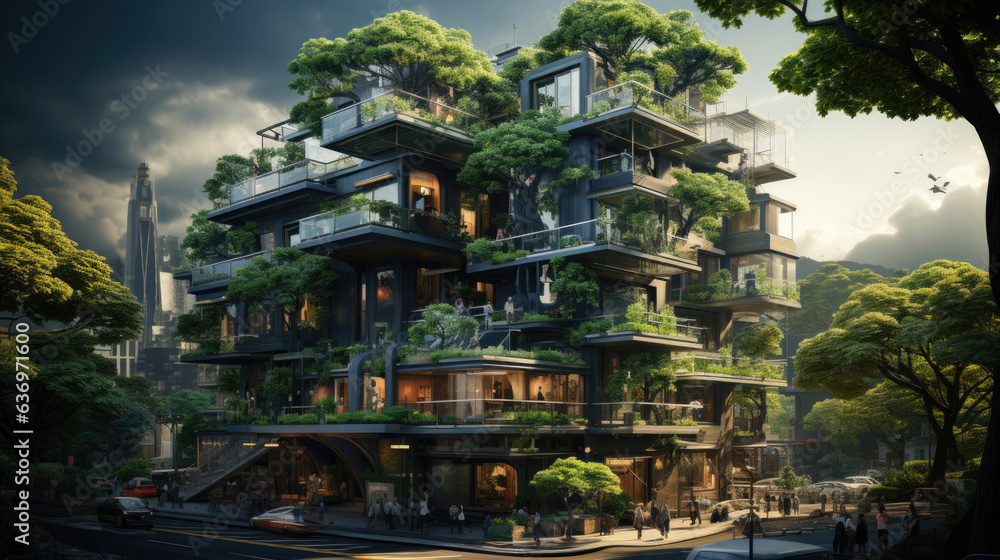 Building in the modern city. Green tree