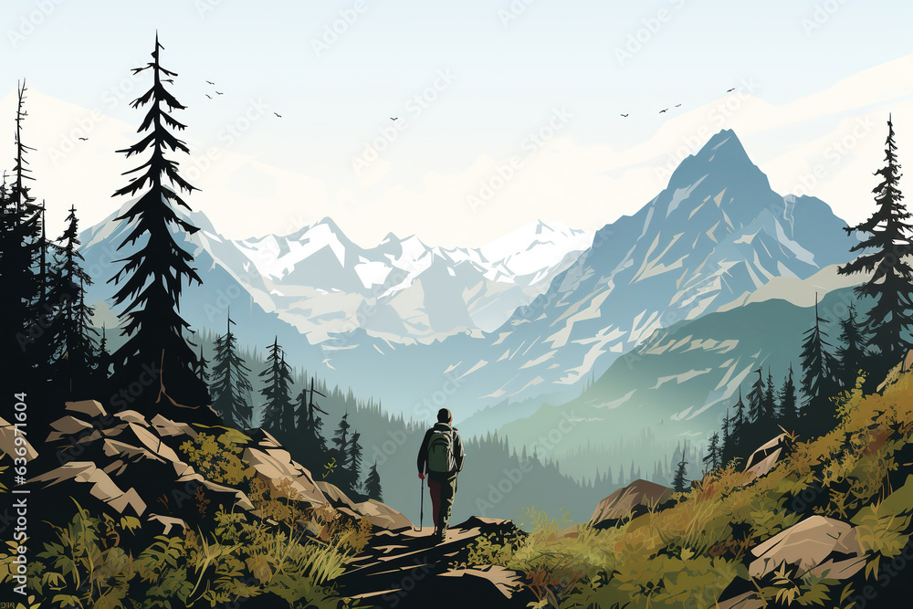 Silhouette of hiker mountains forest woods in the morning, landscape panorama illustration hiking adventure wildlife