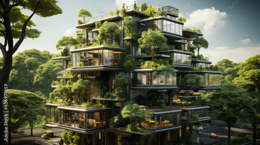 Building in the modern city. Green tree