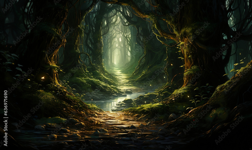 Fototapeta premium Enchanted Forest Pathway with Gleaming Green Light