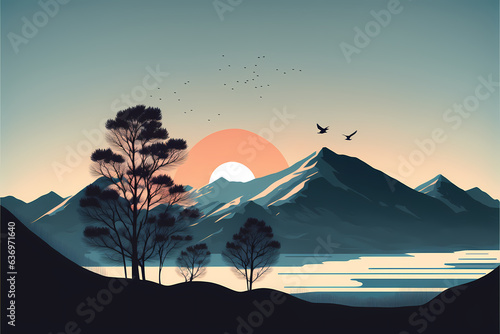 illustration of beautiful summer fields landscape with a dawn. Nature landscape. illustration background. AI generated