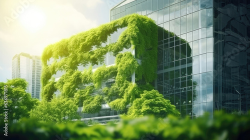 Eco-friendly building in the modern city. Green tree branches with leaves and sustainable glass building for reducing heat and carbon dioxide. Office building with green environment.