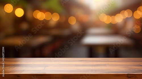 Empty wooden table and blurred cafe background, product display © Sasint