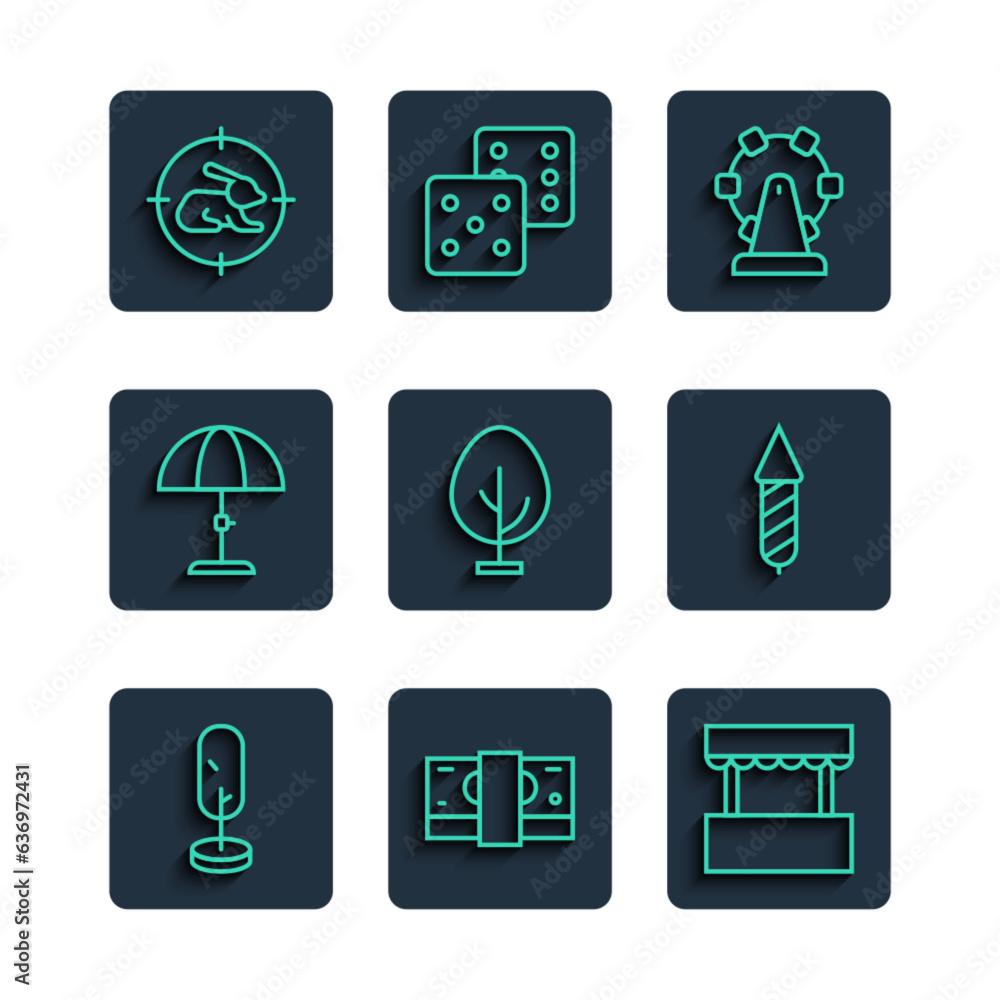 Set line Tree, Stacks paper money cash, Ticket box office, Ferris wheel, Sun protective umbrella, Hunt rabbit with crosshairs and Firework rocket icon. Vector Set line Tree, Stacks paper money cash, Ticket box office, Ferris wheel, Sun protective umbrella, Hunt rabbit with crosshairs and Firework rocket icon. Vector