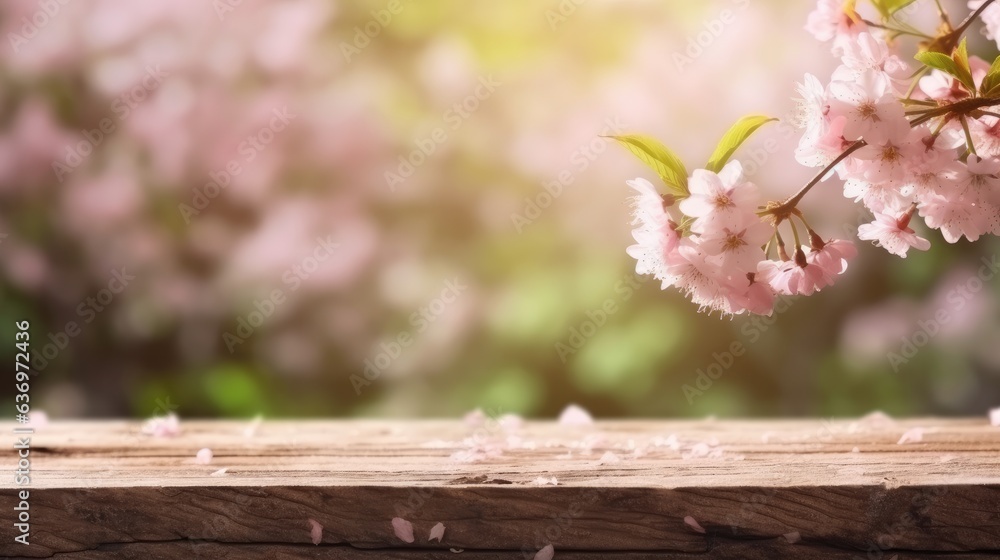 Empty wooden table top in flower Park with blur background of pink flowers. Template mock up for display of product. Generative AI Empty wooden table top in flower Park with blur background of pink flowers. Template mock up for display of product. Generative AI