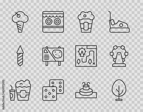 Set line Popcorn in box and glass, Tree, Game dice, Ice cream waffle cone, Amusement park billboard, Fountain and Ferris wheel icon. Vector