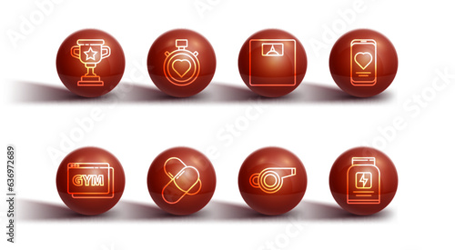 Set line Award cup, Online fitness and training, Mobile with heart rate, Whistle, Sports nutrition, Heart the center stopwatch, and Bathroom scales icon. Vector