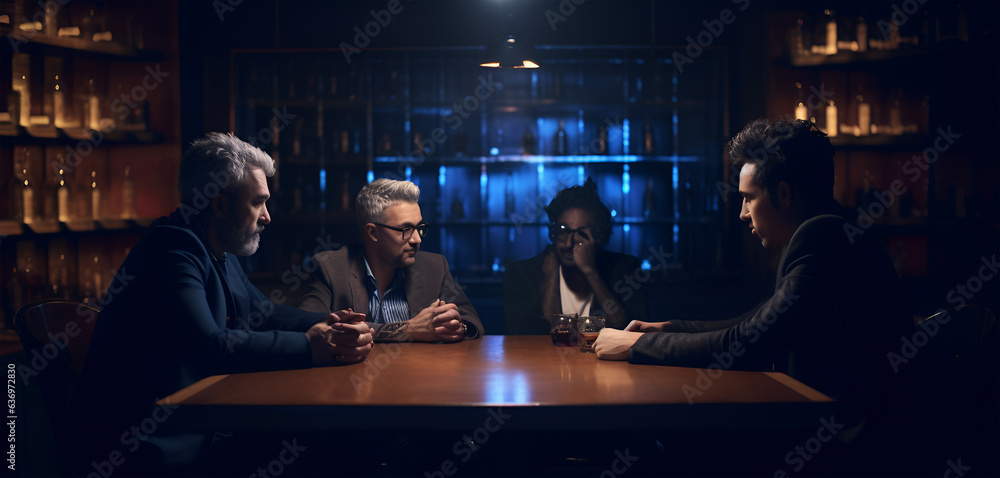 A photo of men sitting in an old rusty bar talking with each other, Generative ai
