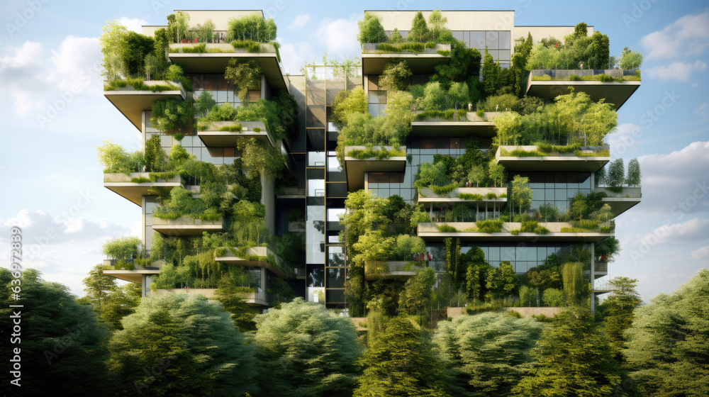 Modern eco building in city with vertical vegetation on exterior