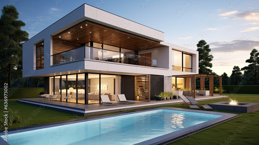 Modern house with terrace and a swimming pool.