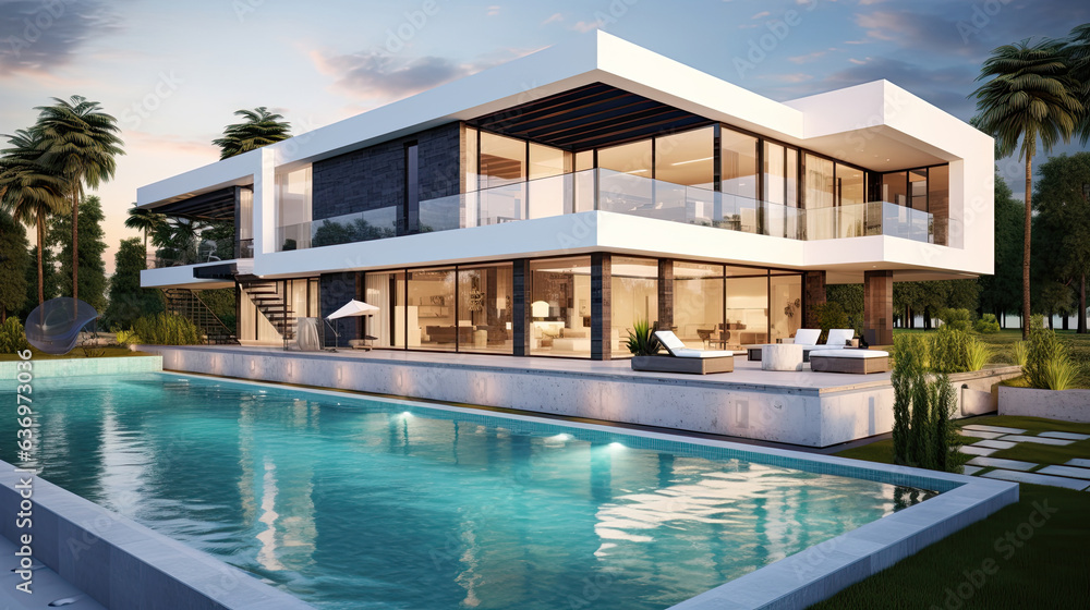 Modern house with terrace and a swimming pool.