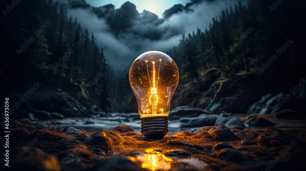 electric glowing incandescent light bulb glowing against the landscape - obrazy, fototapety, plakaty 