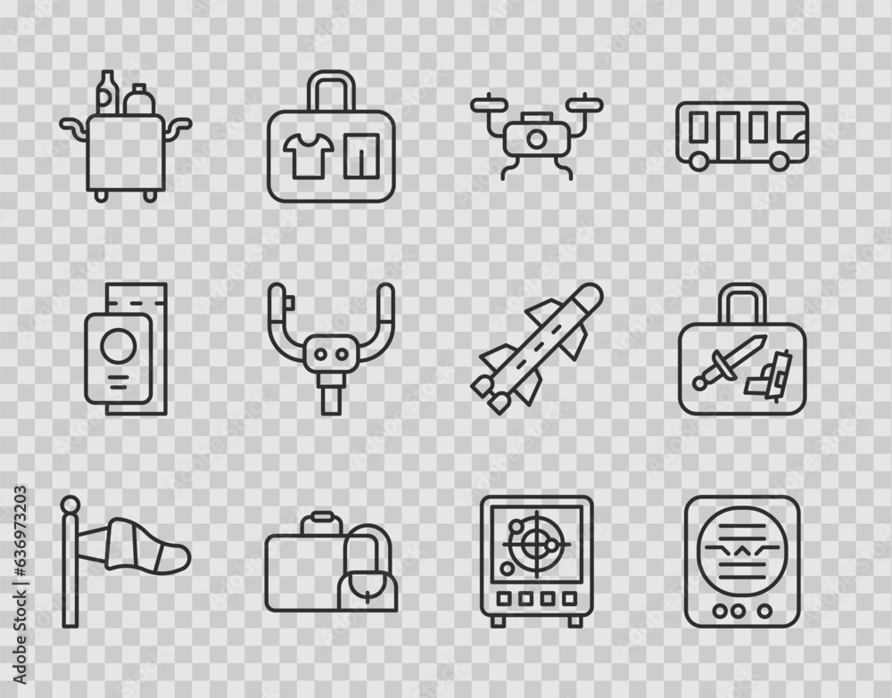 Set line Cone meteorology windsock, Attitude indicator, Drone flying, Suitcase, Trolley for food, Aircraft steering helm, Radar with targets monitor and icon. Vector Set line Cone meteorology windsock, Attitude indicator, Drone flying, Suitcase, Trolley for food, Aircraft steering helm, Radar with targets monitor and icon. Vector