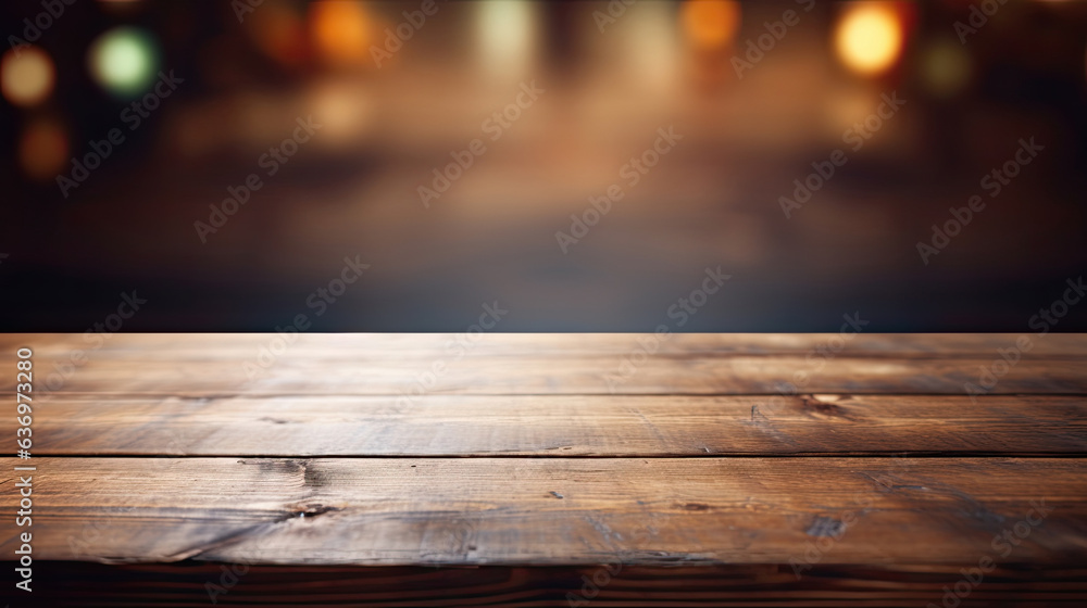Obraz premium Background Image of wooden table in front of abstract blurred restaurant lights