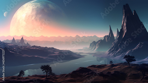 Alien planet landscape with giant planet in the background, Generative ai © Ozis