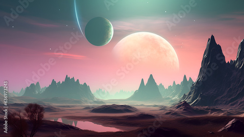 Alien planet landscape with giant planet in the background, Generative ai