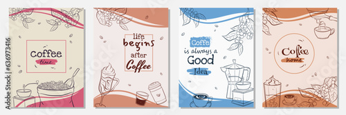 Vector set of modern posters with coffee backgrounds. Trendy hipster templates for flyers, banners, invitations, restaurant or cafe menu design.