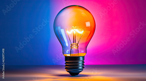 colorful electric glowing light bulb glowing with rainbow colors, orange, bold and vibrant, business concept