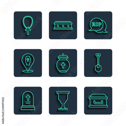 Set line Grave with tombstone, Christian chalice, Coffin cross, Speech bubble rip death, Funeral urn, chain and Shovel icon. Vector