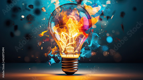 colorful electric glowing light bulb glowing with rainbow colors, orange, bold and vibrant, business concept