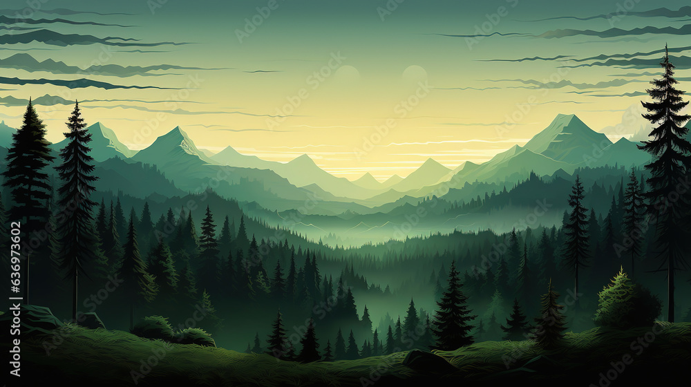 Landscape forest mountains nature adventure travel background panorama - Illustration of dark green silhouette of valley view of forest fir trees and mountains peak. - obrazy, fototapety, plakaty 
