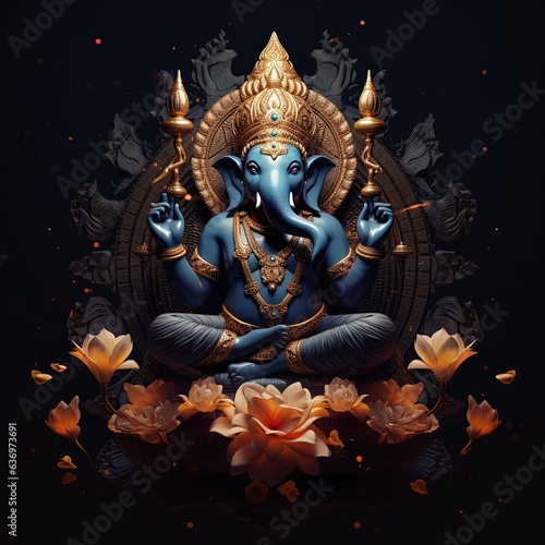 A picture of Ganesha is depicted sitting with a dark background, generated by AI © Resi