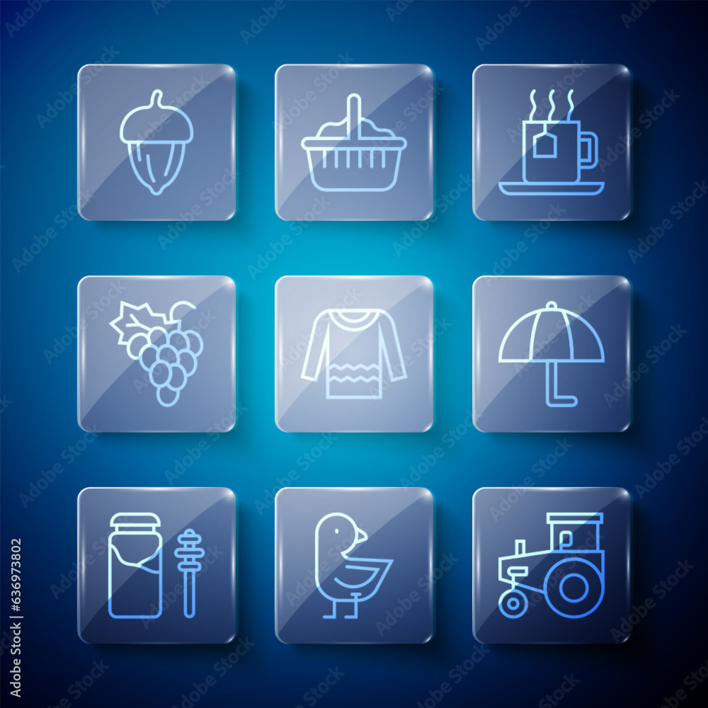 Set line Jar of honey and dipper stick, Little chick, Tractor, Cup tea with tea bag, Sweater, Grape fruit, Acorn and Umbrella icon. Vector Set line Jar of honey and dipper stick, Little chick, Tractor, Cup tea with tea bag, Sweater, Grape fruit, Acorn and Umbrella icon. Vector