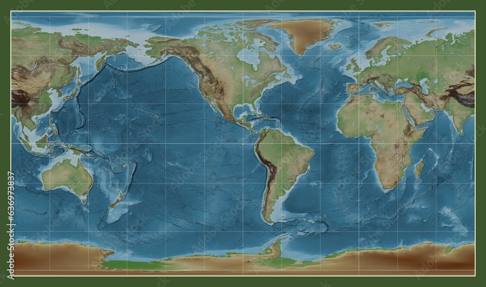 World map. Colored elevation. Patterson Cylindrical projection. Meridian: -90 west