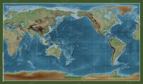 World map. Colored elevation. Patterson Cylindrical projection. Meridian: 180