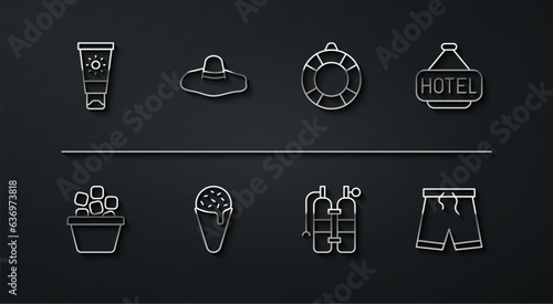 Set line Sunscreen cream in tube, Ice bucket, Signboard with text Hotel, Aqualung, waffle cone, Elegant women hat, Swimming trunks and Lifebuoy icon. Vector