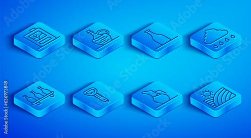 Set line Cardboard box of wine, Wine italian fiasco bottle, Bottle, opener, Decanter for, Cloud with rain, and Vineyard grapes icon. Vector