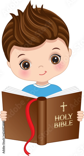 Vector Cute Little Boy Studying Bible