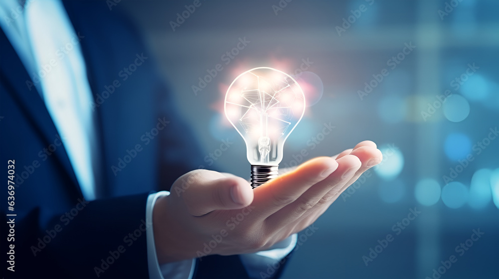 Businessman holding half of virtual lightbulb, generative ai Businessman holding half of virtual lightbulb, generative ai