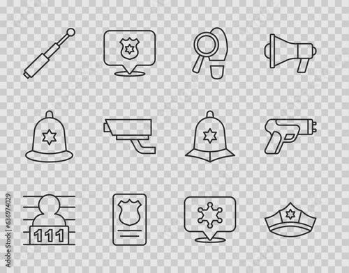 Set line Suspect criminal, Police cap with cockade, Footsteps, badge id case, Telescopic baton, Security camera, Hexagram sheriff and electric shocker icon. Vector