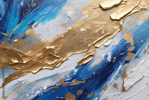 Hand painted watercolor blue white and gold background, painting with heavy oil strokes in choreto style