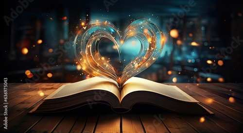 Open book with heart shaped magical pages 