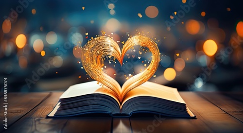 Open book with heart shaped magical pages 